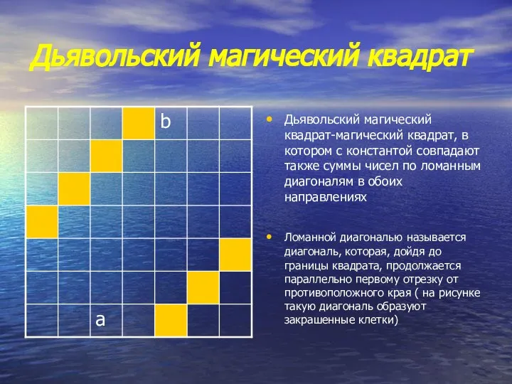 Дьявольский магический квадрат Дьявольский магический квадрат-магический квадрат, в котором с константой