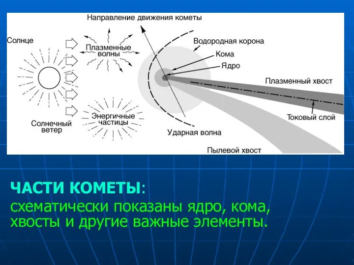 ЧАСТИ КОМЕТЫ: схематически показаны ядро, кома, хвосты и другие важные элементы.