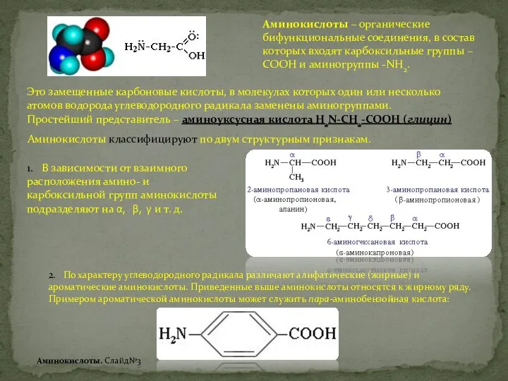 2. По характеру углеводородного радикала различают алифатические (жирные) и ароматические аминокислоты.