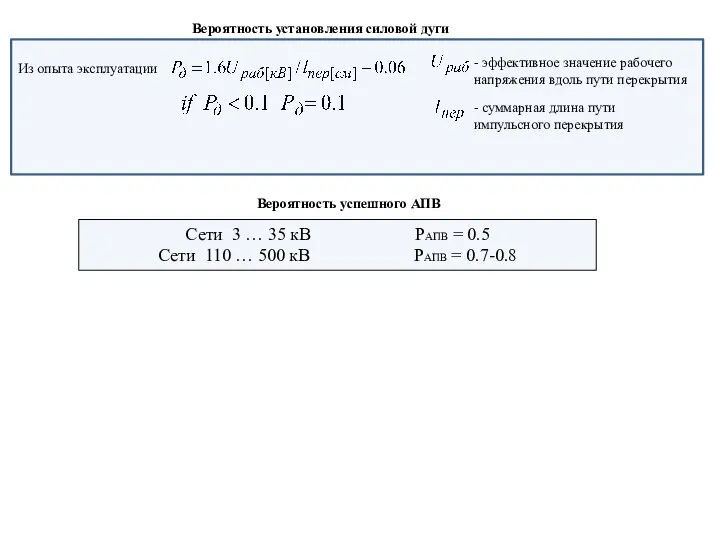 Вероятность установления силовой дуги Из опыта эксплуатации - эффективное значение рабочего