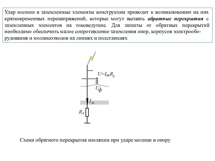 Удар молнии в заземленные элементы конструкции приводит к возникновению на них