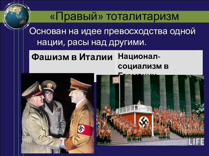 «Правый» тоталитаризм Основан на идее превосходства одной нации, расы над другими.