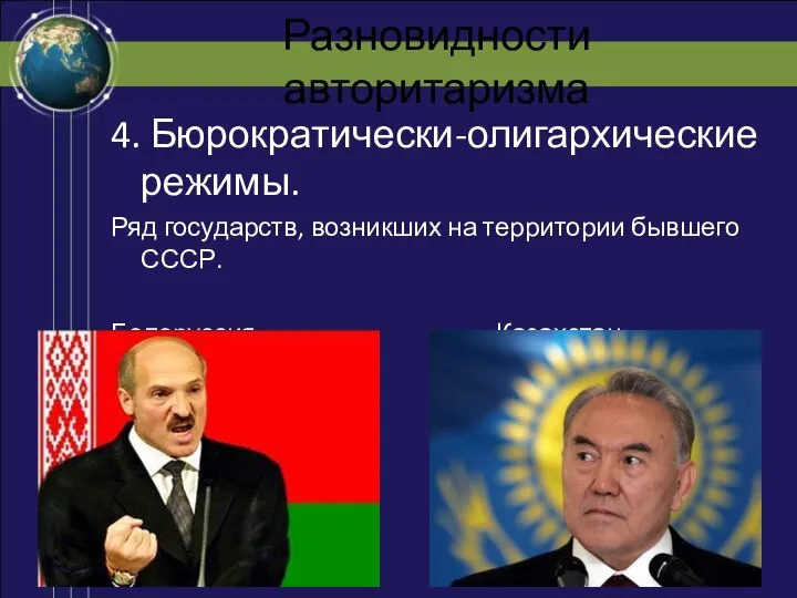 Разновидности авторитаризма 4. Бюрократически-олигархические режимы. Ряд государств, возникших на территории бывшего СССР. Белоруссия Казахстан