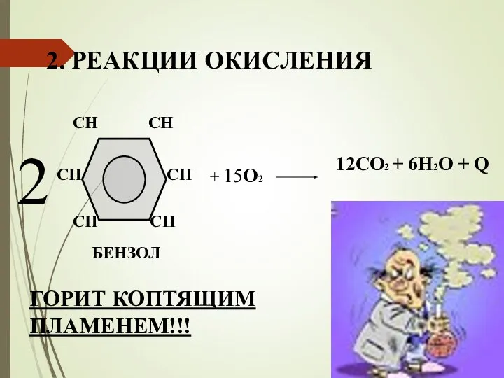 2. РЕАКЦИИ ОКИСЛЕНИЯ 2 + 15О2 12СО2 + 6Н2О + Q ГОРИТ КОПТЯЩИМ ПЛАМЕНЕМ!!!