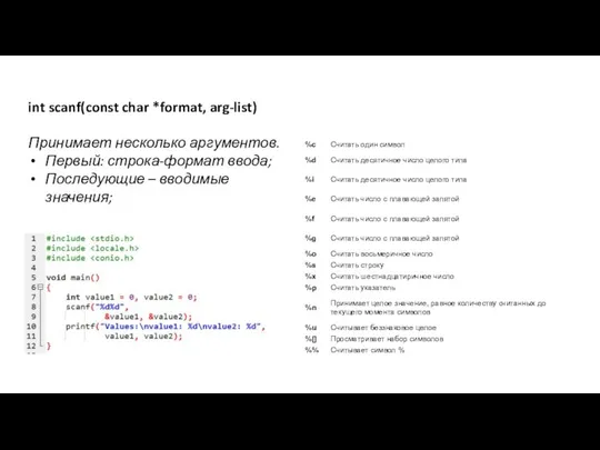 int scanf(const char *format, arg-list) Принимает несколько аргументов. Первый: строка-формат ввода; Последующие – вводимые значения;