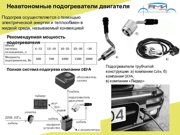 Неавтономные подогреватели двигателя Подогрев осуществляется с помощью электрической энергии и теплообмен