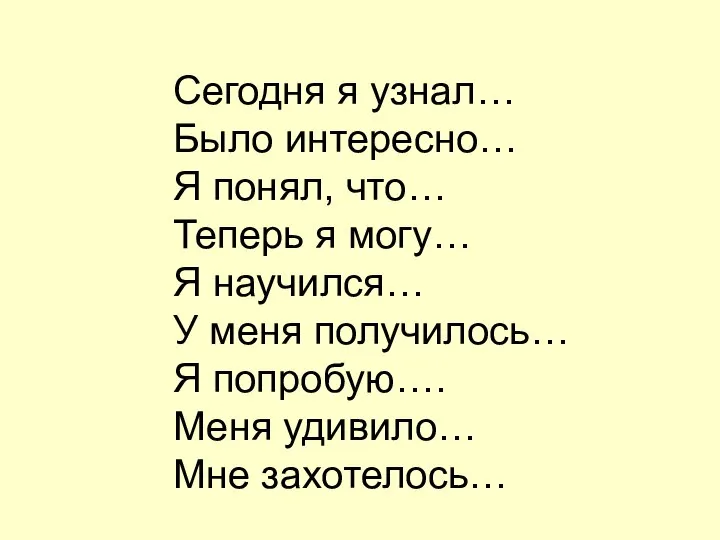 Сегодня я узнал… Было интересно… Я понял, что… Теперь я могу…