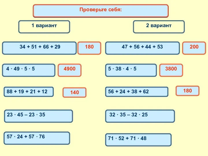 1 вариант 2 вариант Математический диктант 34 + 51 + 66