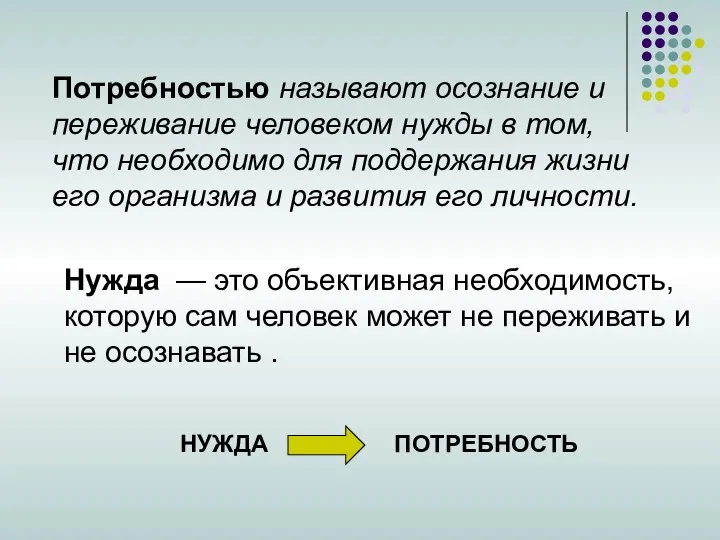 Потребностью называют осознание и переживание человеком нужды в том, что необходимо