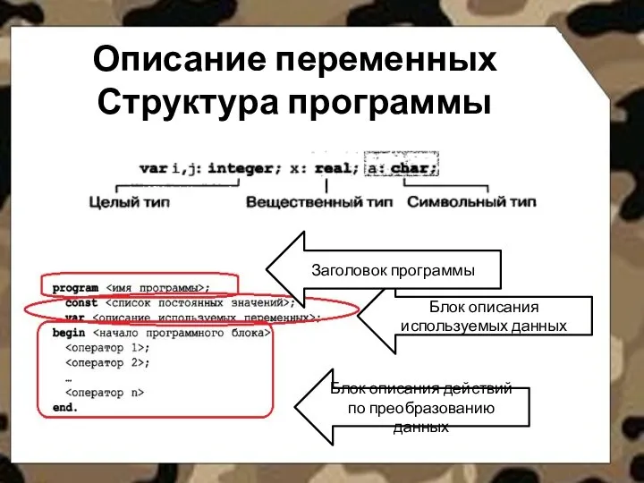 Описание переменных Структура программы Блок описания используемых данных Заголовок программы Блок описания действий по преобразованию данных