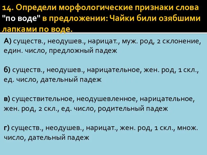 14. Определи морфологичеcкие признаки cлова "по воде" в предложении: Чайки били