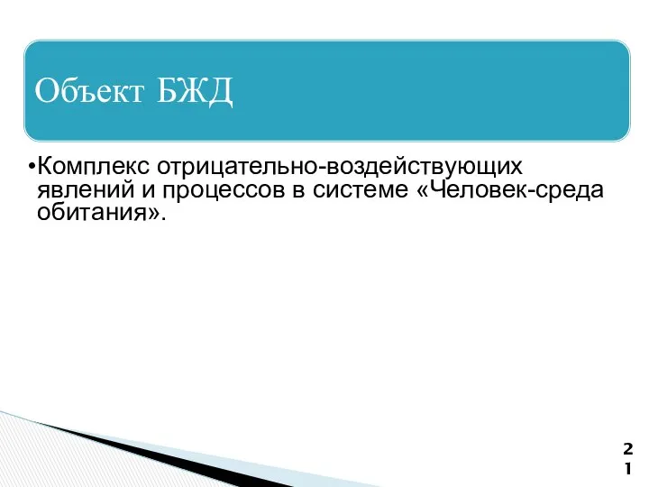 Объект БЖД Комплекс отрицательно-воздействующих явлений и процессов в системе «Человек-среда обитания».