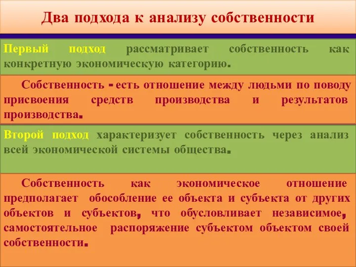 Два подхода к анализу собственности Первый подход рассматривает собственность как конкретную