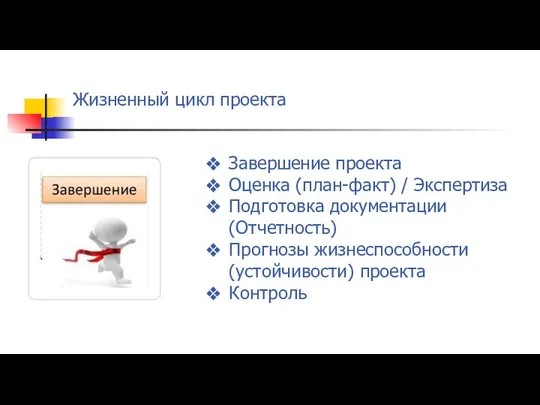 Жизненный цикл проекта Завершение проекта Оценка (план-факт) / Экспертиза Подготовка документации