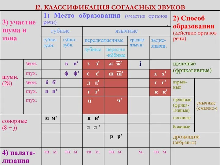 12. КЛАССИФИКАЦИЯ СОГЛАСНЫХ ЗВУКОВ