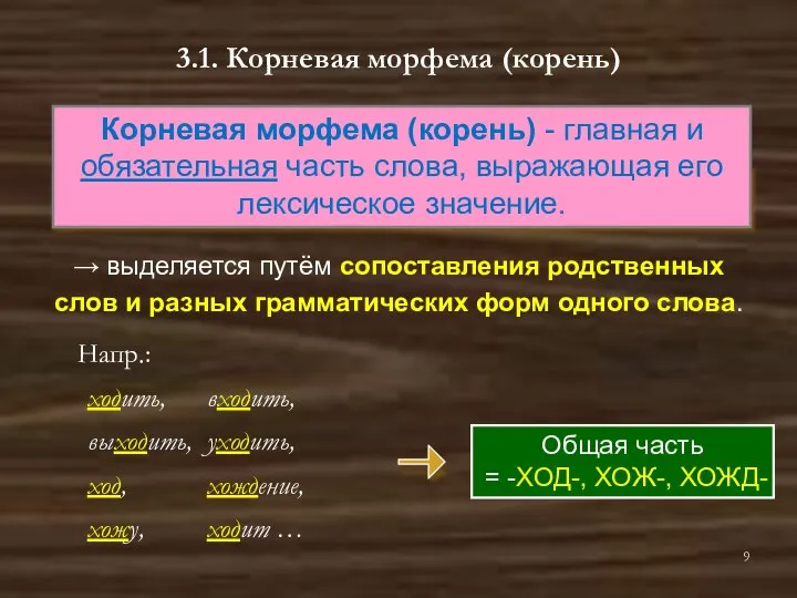 3.1. Корневая морфема (корень) Напр.: ходить, входить, выходить, уходить, ход, хождение,