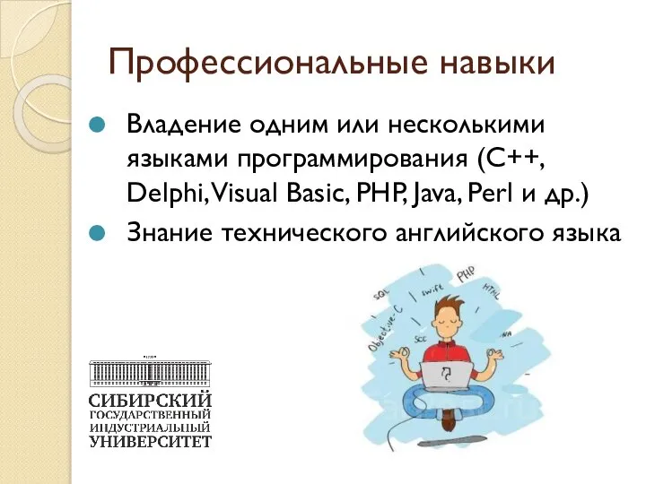 Профессиональные навыки Владение одним или несколькими языками программирования (C++, Delphi, Visual