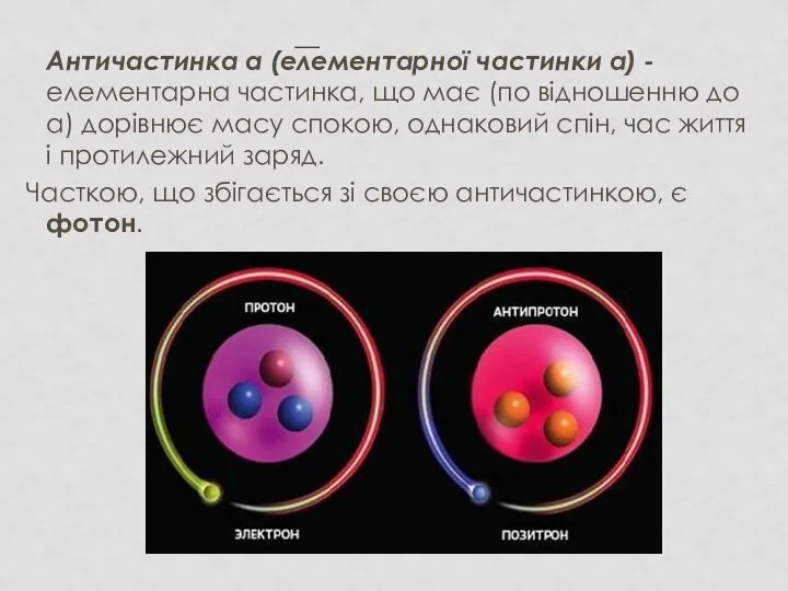 Античастинка а (елементарної частинки а) - елементарна частинка, що має (по