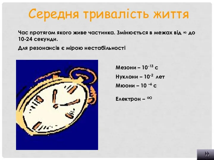 Середня тривалість життя Час протягом якого живе частинка. Змінюється в межах