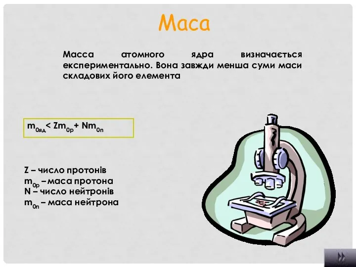 Маса Масса атомного ядра визначається експериментально. Вона завжди менша суми маси