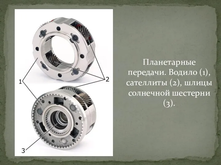 Планетарные передачи. Водило (1), сателлиты (2), шлицы солнечной шестерни (3).