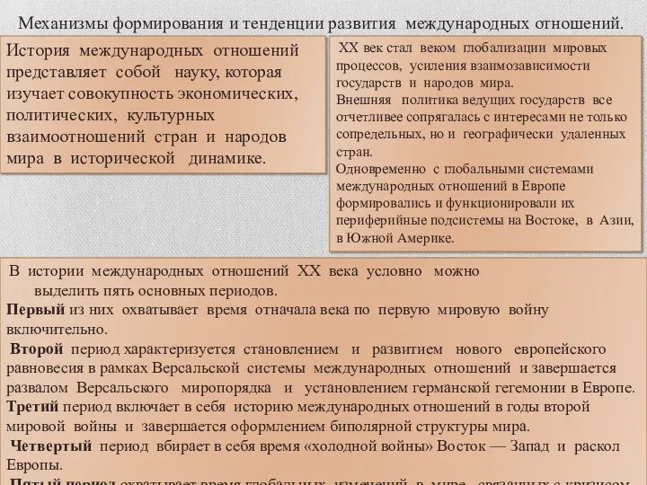 Механизмы формирования и тенденции развития международных отношений. История международных отношений представляет