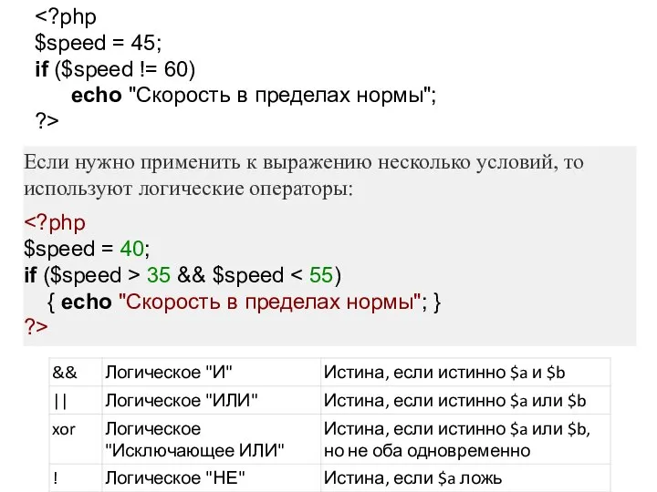 $speed = 45; if ($speed != 60) echo "Скорость в пределах