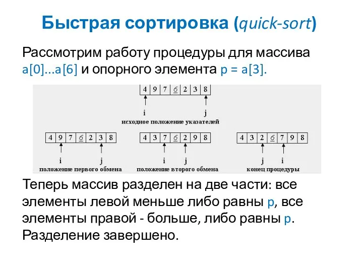 Быстрая сортировка (quick-sort) Рассмотрим работу процедуры для массива a[0]...a[6] и опорного