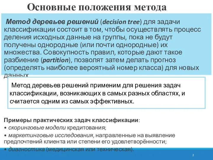 Основные положения метода Метод деревьев решений (decision tree) для задачи классификации