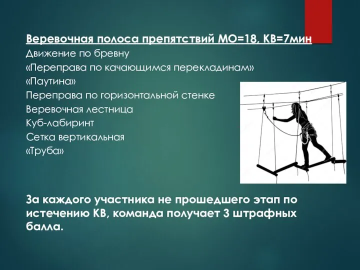 Веревочная полоса препятствий МО=18, КВ=7мин Движение по бревну «Переправа по качающимся