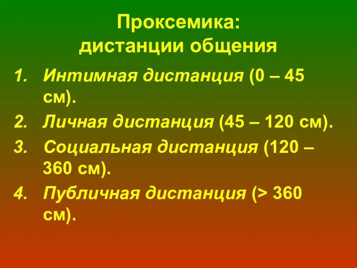 Проксемика: дистанции общения Интимная дистанция (0 – 45 см). Личная дистанция