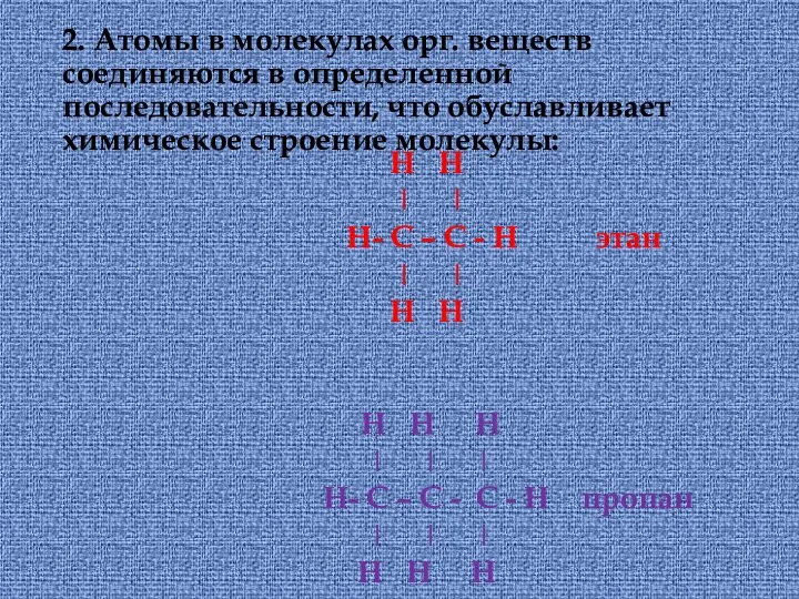 2. Атомы в молекулах орг. веществ соединяются в определенной последовательности, что