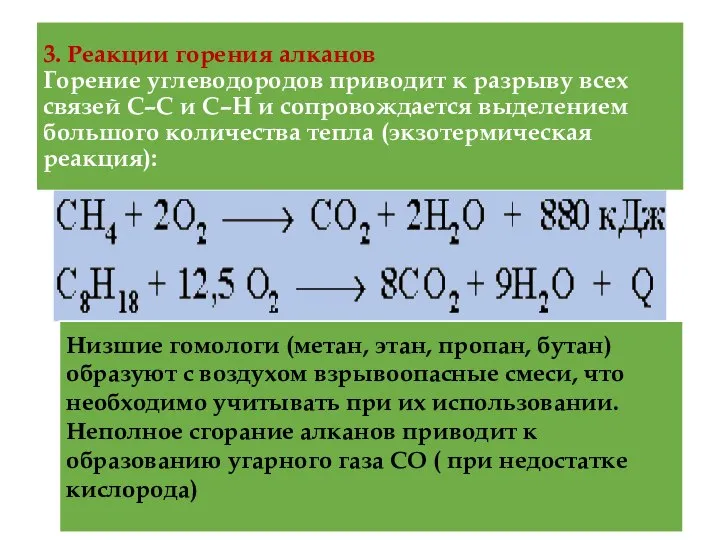 3. Реакции горения алканов Горение углеводородов приводит к разрыву всех связей