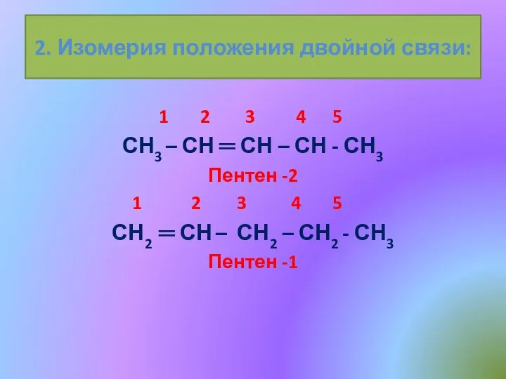 2. Изомерия положения двойной связи: 1 2 3 4 5 СН3