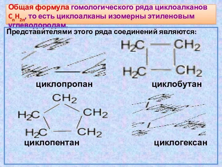 Общая формула гомологического ряда циклоалканов CnH2n, то есть циклоалканы изомерны этиленовым