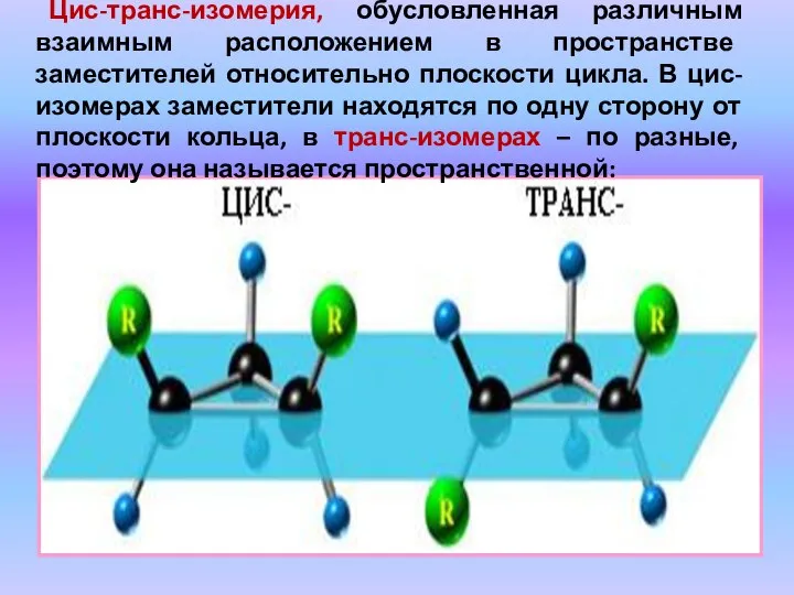 Цис-транс-изомерия, обусловленная различным взаимным расположением в пространстве заместителей относительно плоскости цикла.