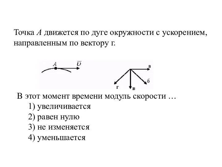 Точка А движется по дуге окружности с ускорением, направленным по вектору