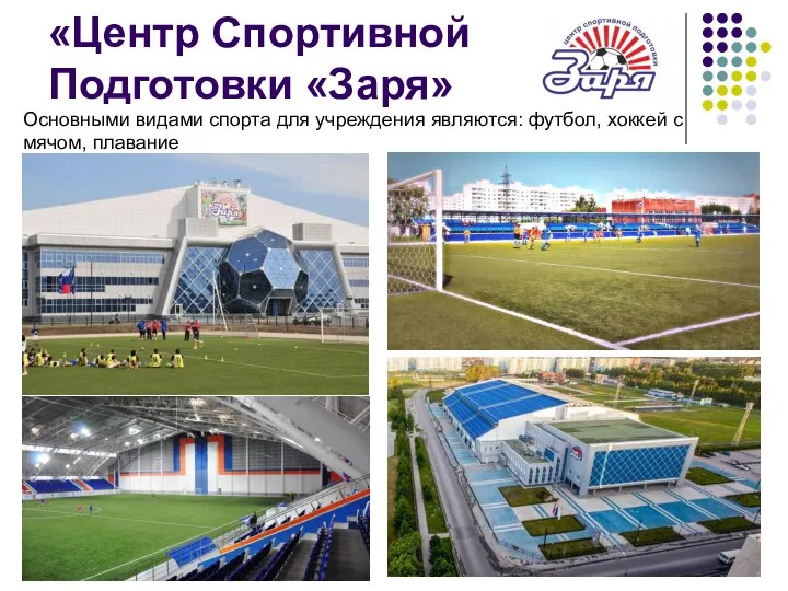 «Центр Спортивной Подготовки «Заря» Основными видами спорта для учреждения являются: футбол, хоккей с мячом, плавание