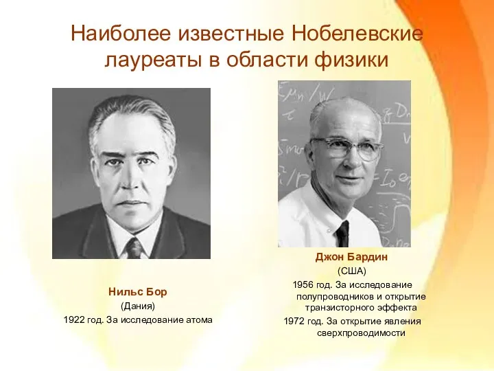 Наиболее известные Нобелевские лауреаты в области физики Нильс Бор (Дания) 1922