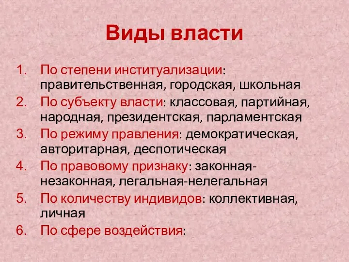 Виды власти По степени институализации: правительственная, городская, школьная По субъекту власти: