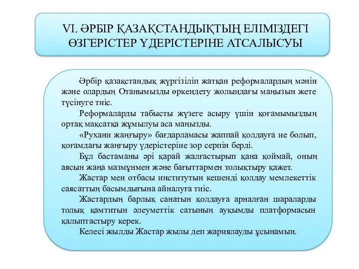 VІ. ӘРБІР ҚАЗАҚСТАНДЫҚТЫҢ ЕЛІМІЗДЕГІ ӨЗГЕРІСТЕР ҮДЕРІСТЕРІНЕ АТСАЛЫСУЫ Әрбір қазақстандық жүргізіліп жатқан