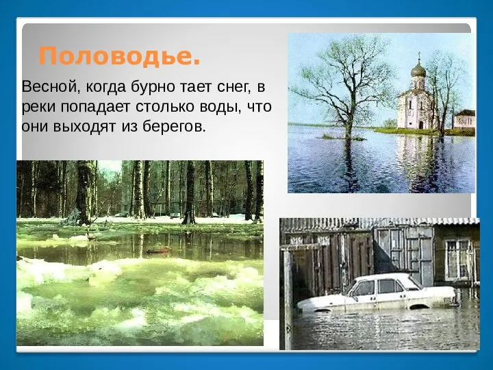 Половодье. Весной, когда бурно тает снег, в реки попадает столько воды, что они выходят из берегов.