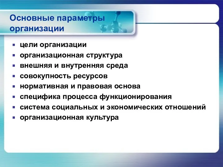 Основные параметры организации цели организации организационная структура внешняя и внутренняя среда