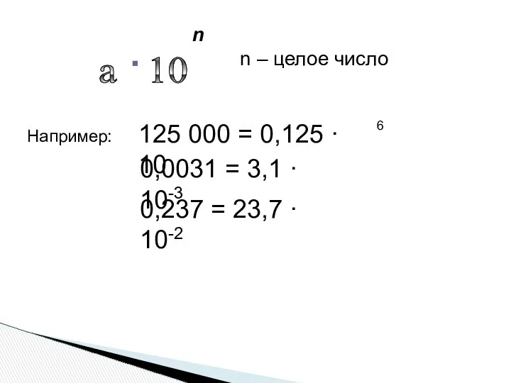 a 10 . n n – целое число Например: 125 000