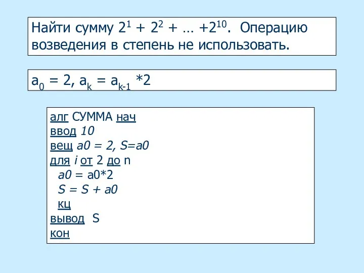 Найти сумму 21 + 22 + … +210. Операцию возведения в