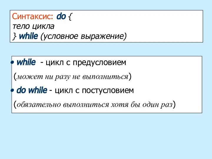 Синтаксис: do { тело цикла } while (условное выражение) while -