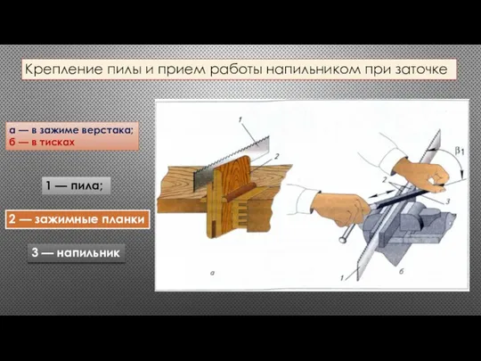 Крепление пилы и прием работы напильником при заточке а — в