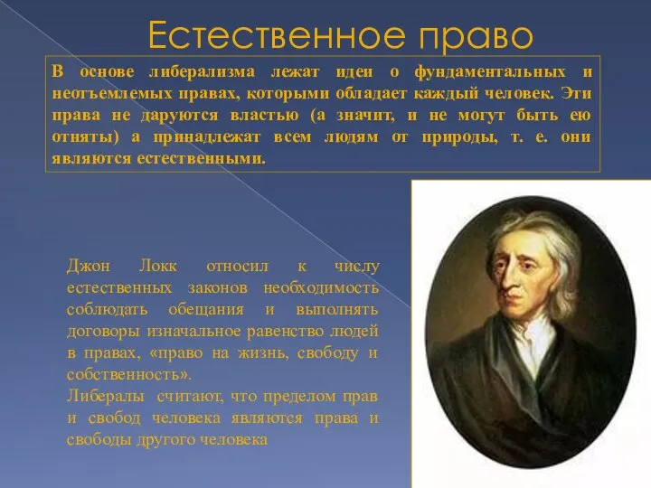 Естественное право В основе либерализма лежат идеи о фундаментальных и неотъемлемых