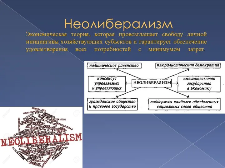 Неолиберализм Экономическая теория, которая провозглашает свободу личной инициативы хозяйствующих субъектов и