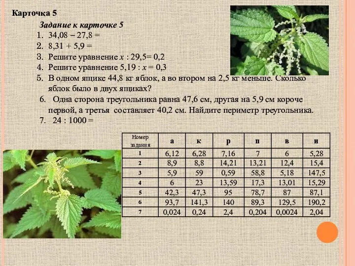 Задание к карточке 5 34,08 – 27,8 = 8,31 + 5,9